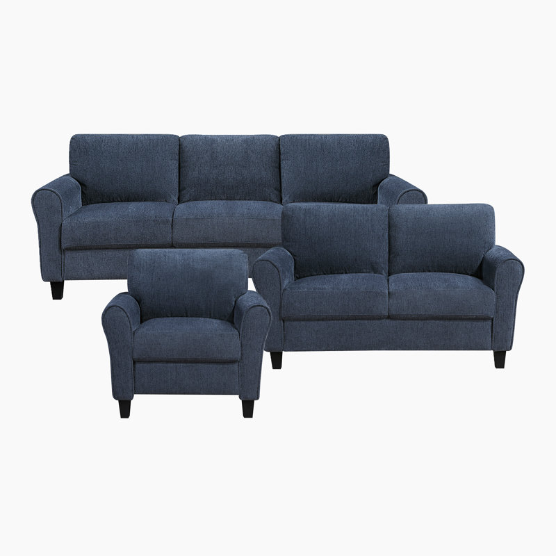 Ensemble de salon en tissu chenille transitionnel 3 pièces avec assise moelleuse Emilio, Bleu