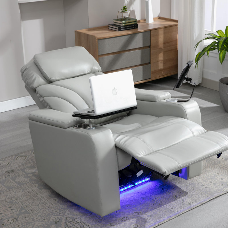 Leaon Faux Leather Power Reclining Home Theater Seat with Cup Holder, Light Gray Faux Leather