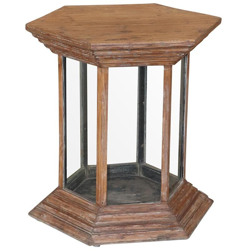 Solid Teak Wood Hexagon Shadow Box Table with Glass Display Case