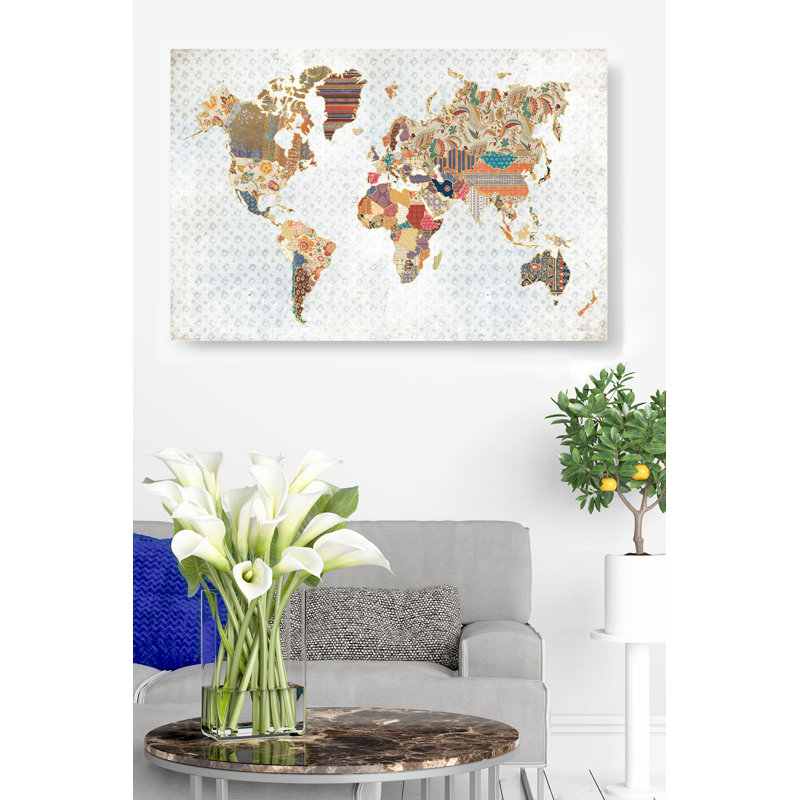 map Patterned World Map On Boho Texture, On Brown, Paisley, Red, Gold, Gilded, Orange, Continents, 16" H x 24" W x 1.5" D