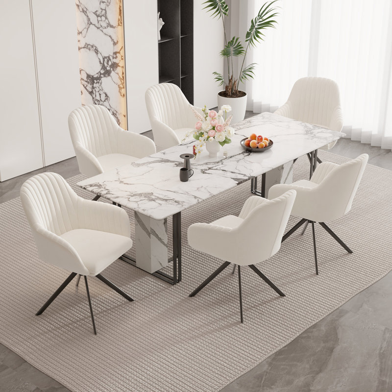 Velvet Upholstered Side Chair, White, 6, White