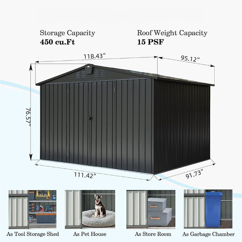 Remise de rangement en métal, H 76,57 po x l 118,43 po x P 95,12 po
