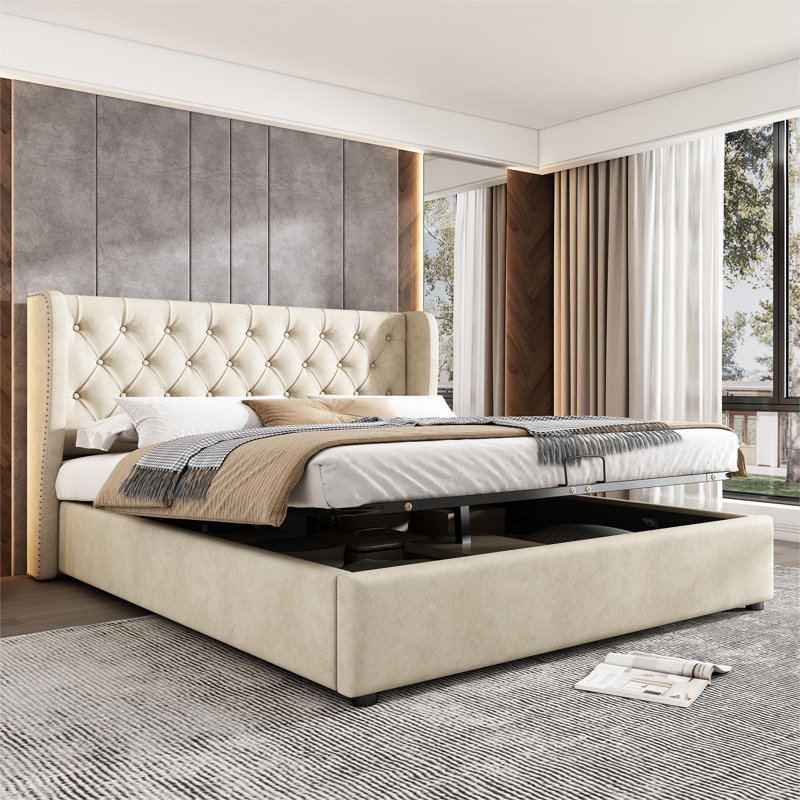 Demoss Upholstered Ottoman Storage Bed, Beige, European Kingsize (160 x 200cm)