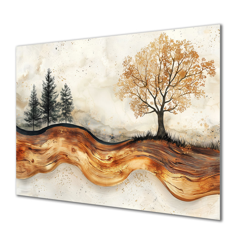 Automne, arbres sur un plateau en bois, impression murale en métal, H 24 po x l 32 po