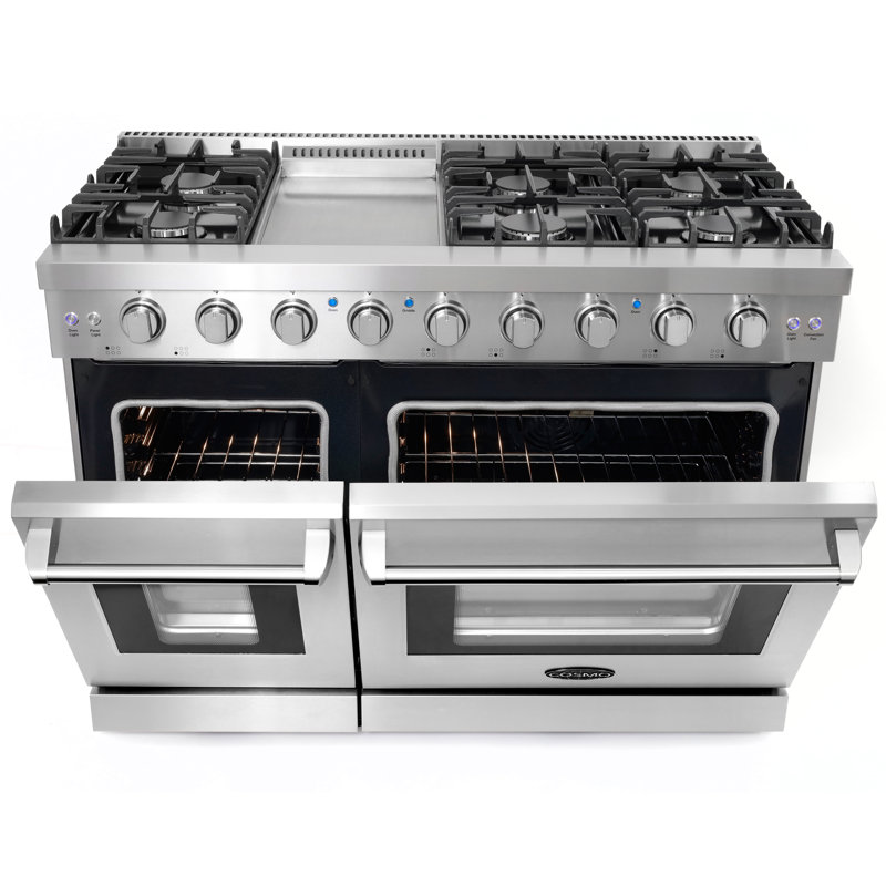 Cosmo 48 po Haven Collection 7 pi. Cu. Cuisinière à gaz double four, 6 brûleurs, plaque chauffante, convection, DEL à bouton, acier inoxydable