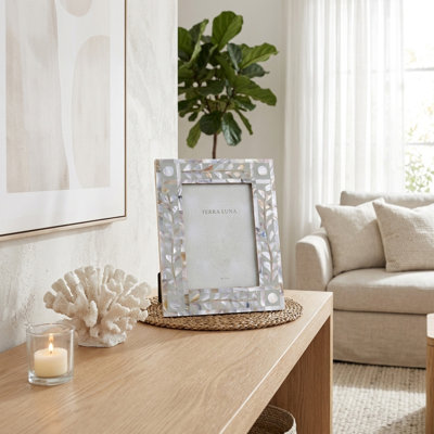Modern Coastal Mother of Pearl Photo Frame for Entryway Display - Decorative Tabletop Picture Frame for Home Decor Accent - Blue & White