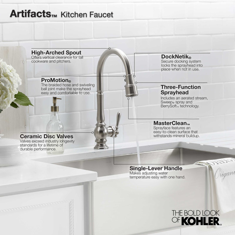 Artifacts® Pull Down Single Handle Kitchen Faucet, Vibrant French Gold