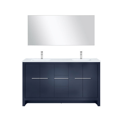 Ensemble de meuble-lavabo double 60 po X P 20 po D, comptoir en quartz blanc, ensemble de robinets chromés et Miroir