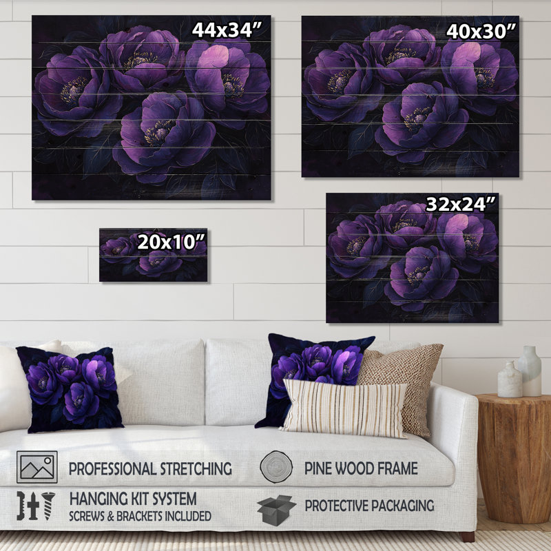 Mauve pivoines de minuit II - art mural en bois pivoines - sur bois de pin naturel, H 34 po x l 44 po x P 0,78 po