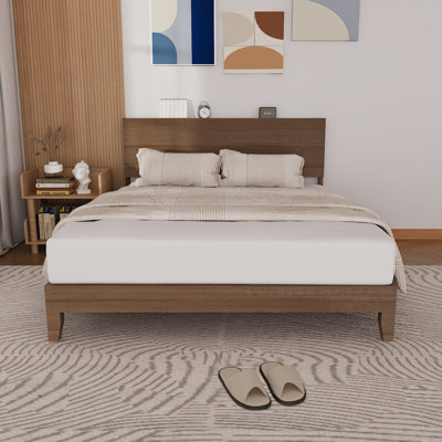 Solid Wood Platform Bed Frame, Queen Bed Frame With Headboard Included
