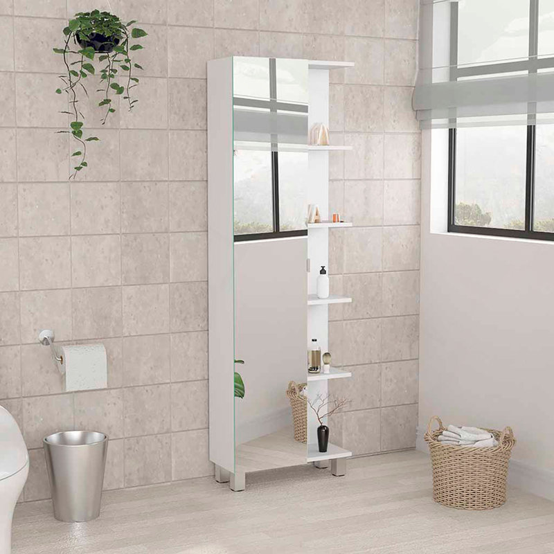 Armoire à linge miroir Urano, quatre tablettes intérieures, cinq tablettes extérieures - blanc