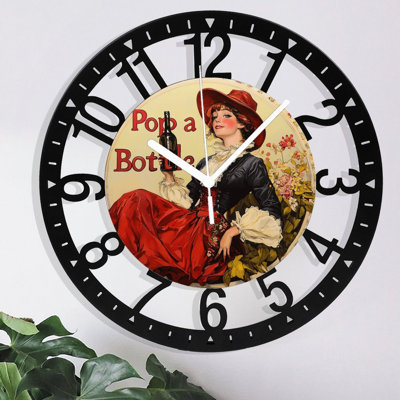 Metal Wall Clock for Living Room -10" Pop A Bottle Woman Holding Bottle Silent Non Ticking,Battery Operated, Antique Clocks for Farmhouse,Bedroom,Kitchen - Arabic Numerals