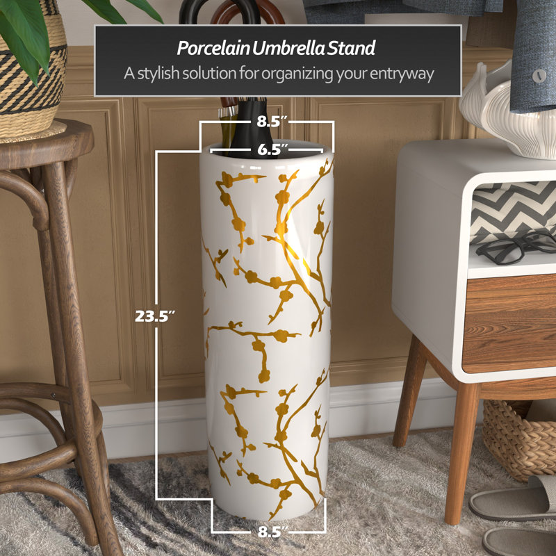 24" Abstract Green & Gold Umbrella Stand, Gold Branches
