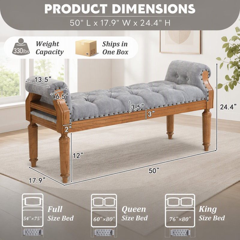 Fabric Upholstered Bench, Grey