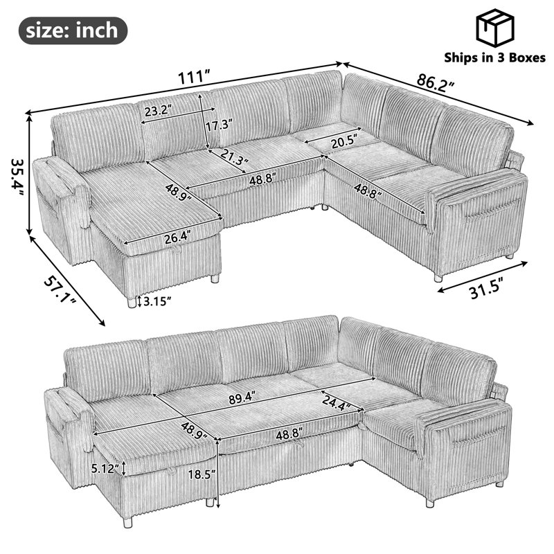 Canapé-lit en forme de U de 111 po avec rangement double et port USB, Gray