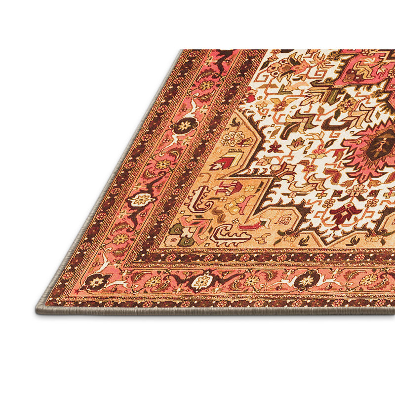 Tapis orange en laine / polyester tissé à la machine 8 pi x 10 pi Floral