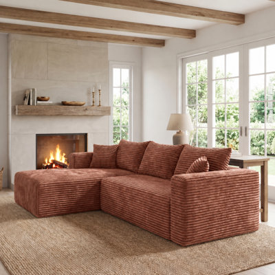 L-Shaped Modular Sectional Couch Flannel Compression Sofa with Pocket Spring, Modern Deep Seat Convertible Sofa, Upholstered Couches for Living Room, Brown