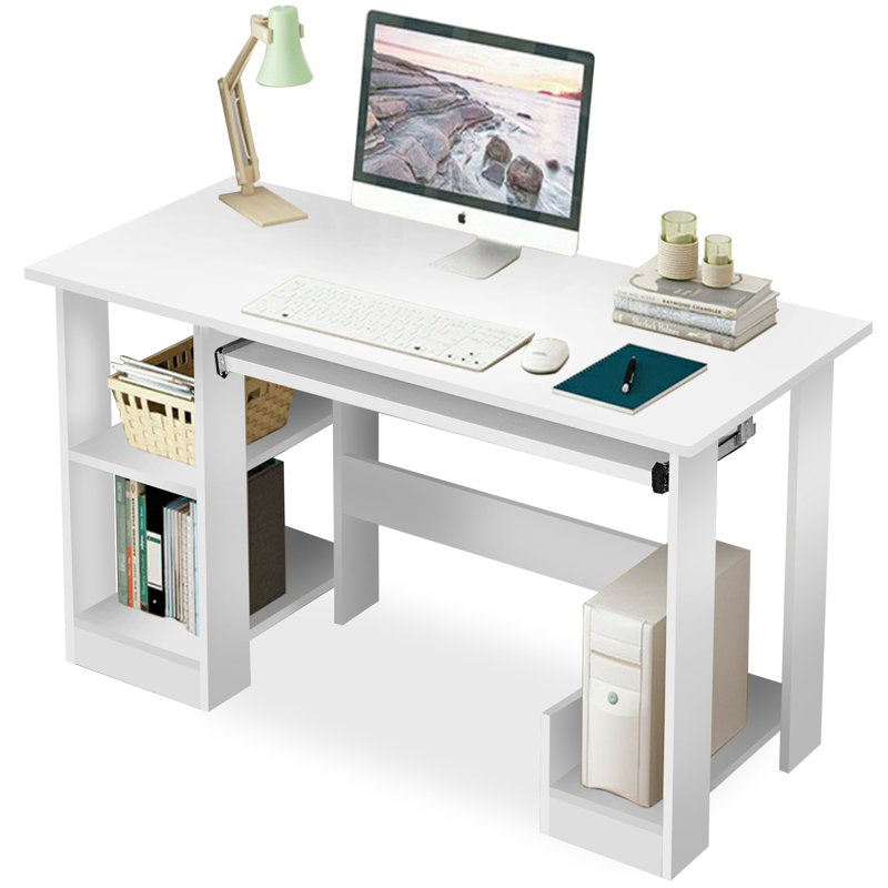 Humnah 90Cm Wide Computer Desk With Storage Home Office Desk With Shelves , White