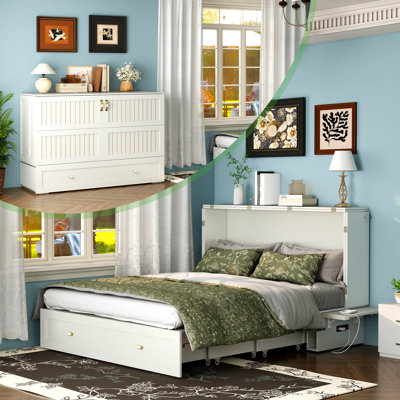 White Convertible Murphy Bed with Storage Cabinet & Drawers - Space-Saving Queen Size Murphy Bed for Small Spaces