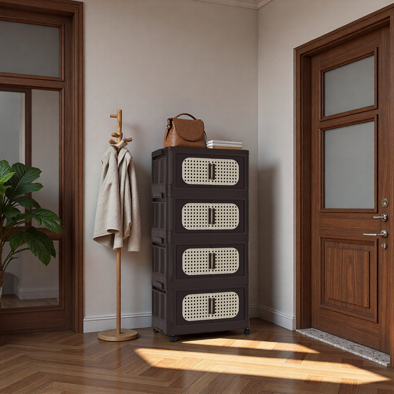 20" Side Wide Folding Storage Cabinet ,4 Tiers,19.69"×11.81"×40.55",Collapsible Storage Bins With Magnetic Door, Plastic Storage Cabinet With Wheels