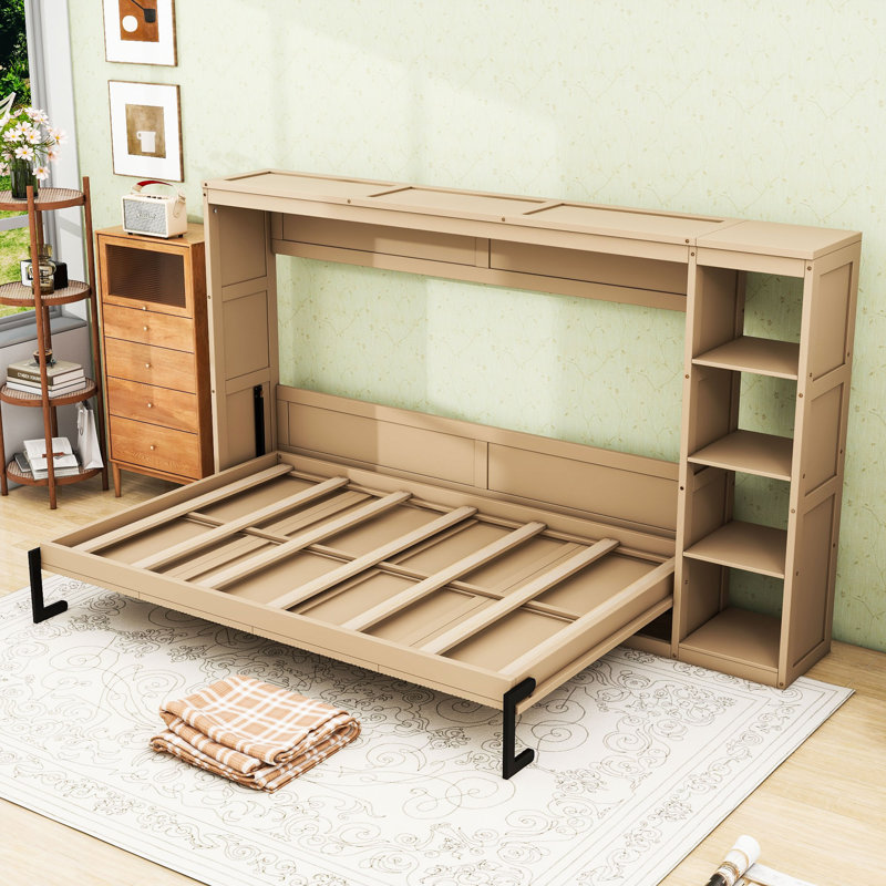 Space-Saving Wood Murphy Bed with Side Storage Shelves, Natural, Full