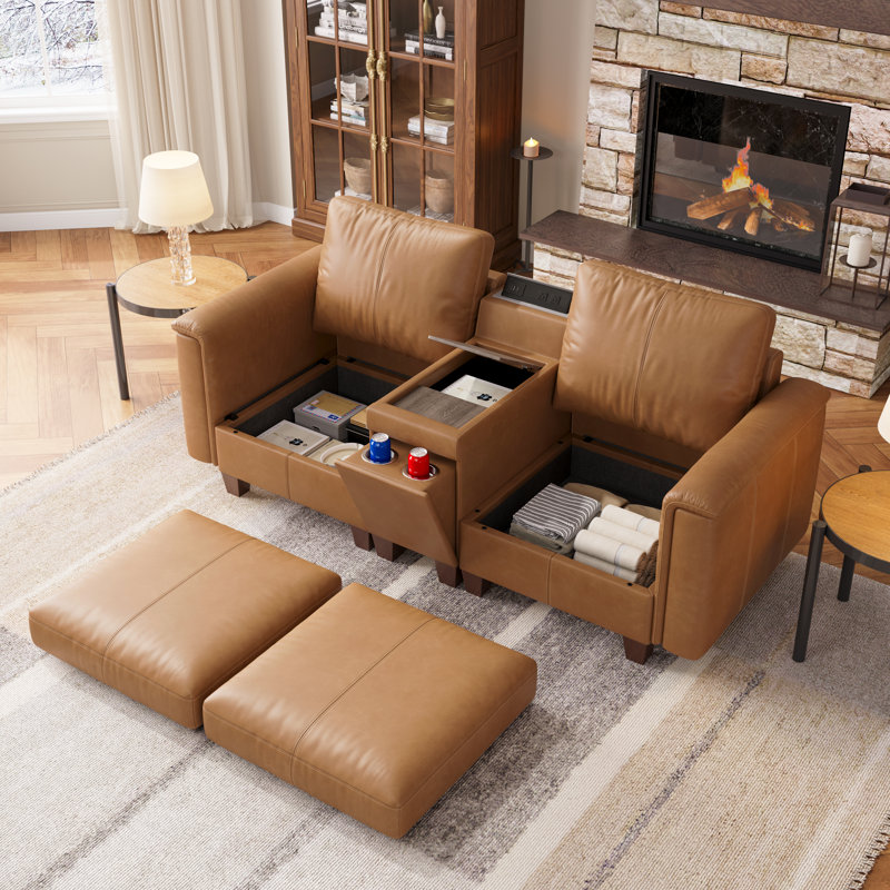 Canapé modulaire 78 po en similicuir 2 places avec rangement et console, brun 78 po, Brown Faux Leather