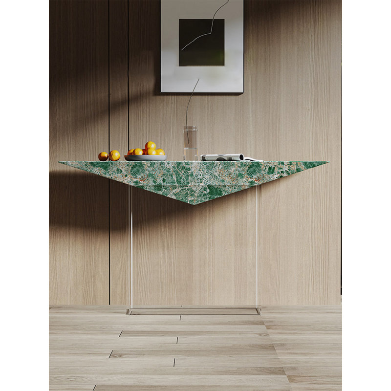 Console de vestibule géométrique moderne en forme de V avec dessus en pierre et pieds en acrylique transparent