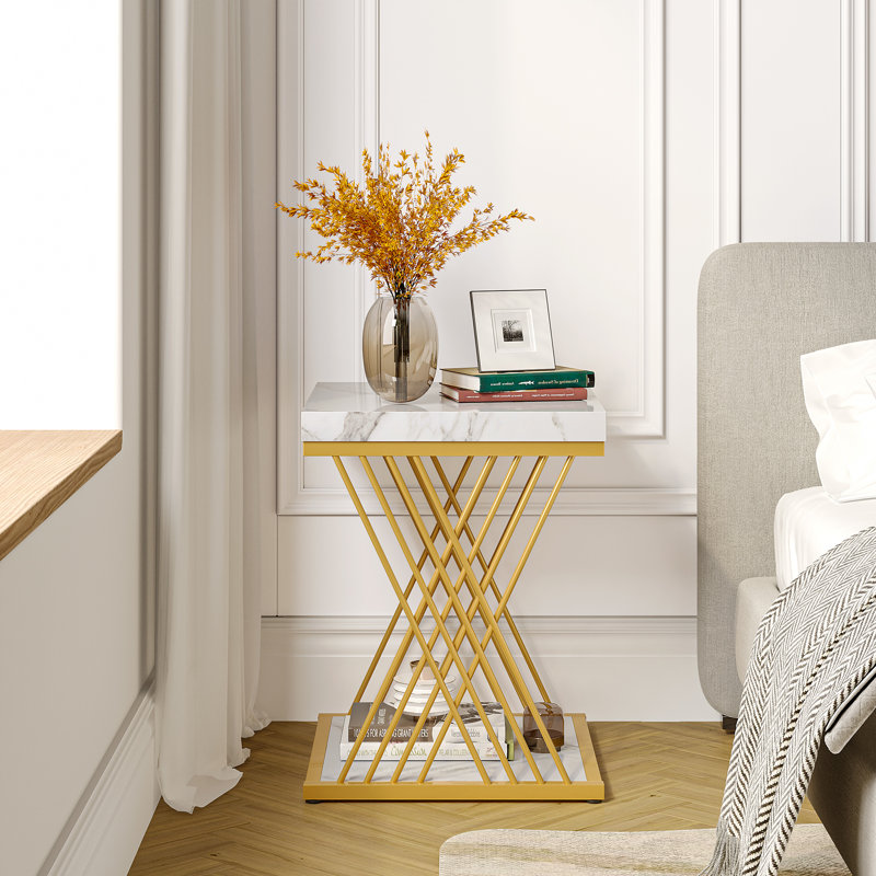25.6'' Tall Square End Table Set, White Top/Gold Base