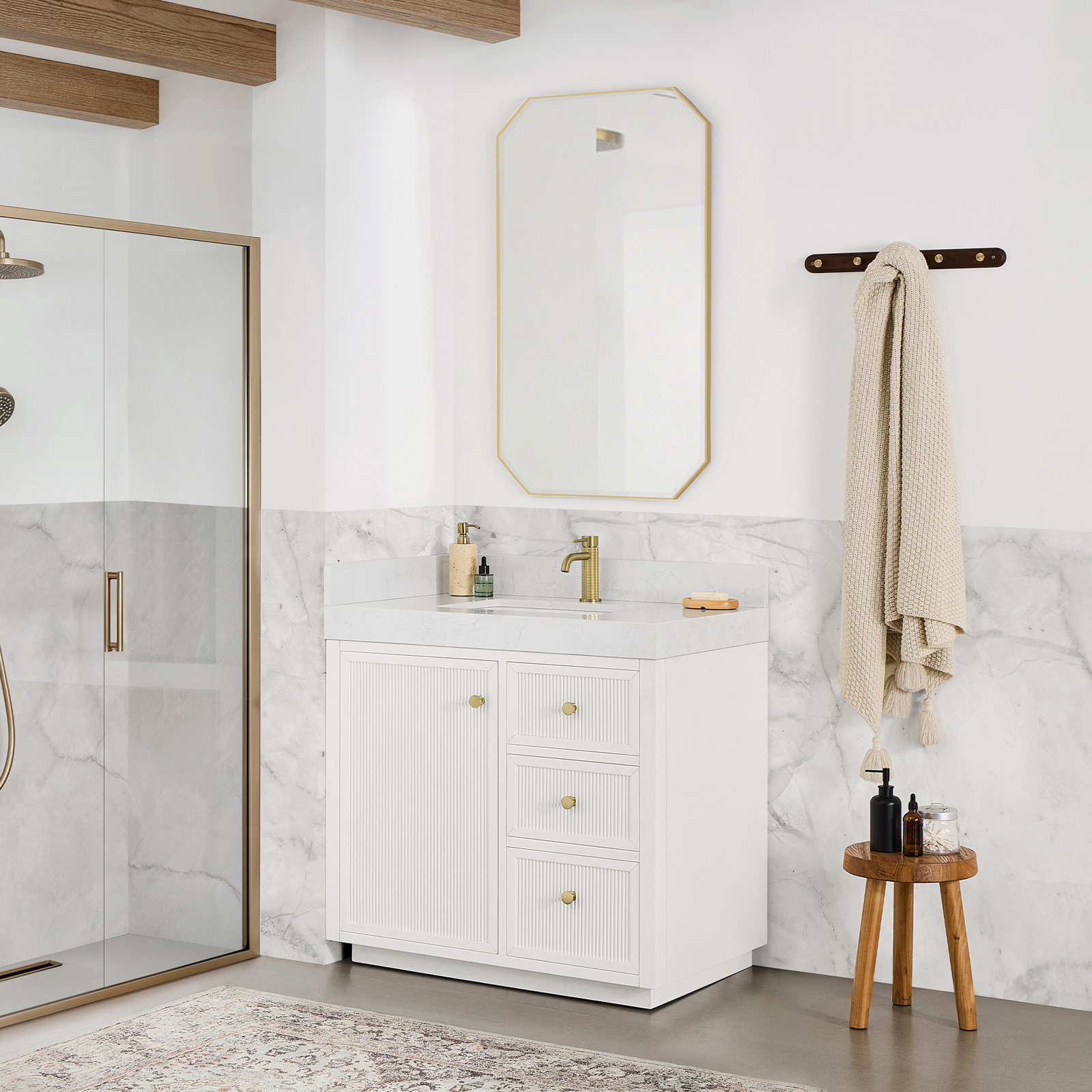 Theodosia 36" Single Sink Bath Vanity in Fir Wood Brown with White Grain Composite Stone Top, White