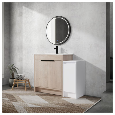 Meuble-lavabo autoportant de 42 po avec lavabo en céramique, finition blanc brillant ou chêne clair, armoire de contreplaqué moderne avec rangement inférieur