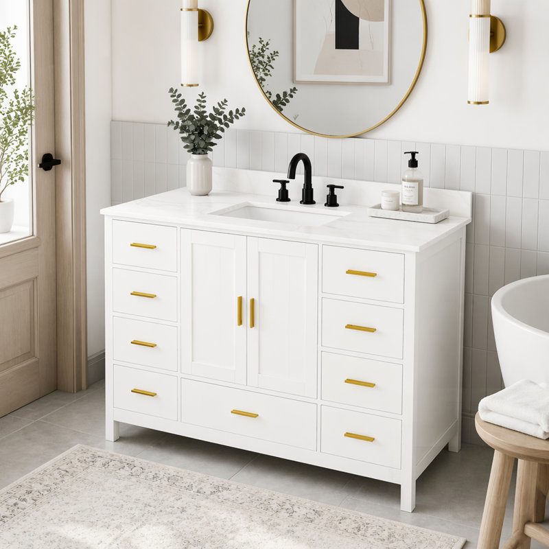 Single Bathroom Vanity with Quartz Top, White, L 49 po