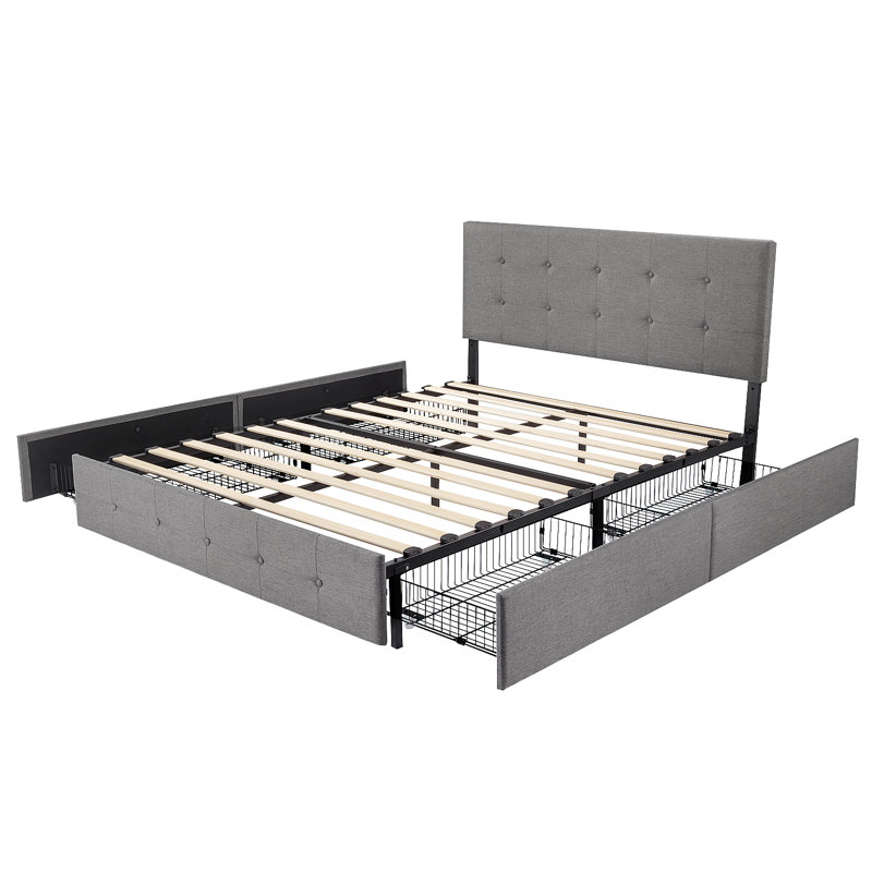 Lit plateforme avec rangement 4 tiroirs et tête de lit ajustable Deyani, Gris clair, Grand