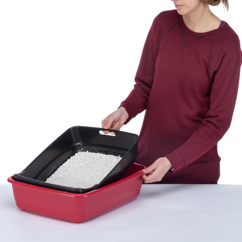 Red Plastic Open Cat Litter Box with Sieve and Guard