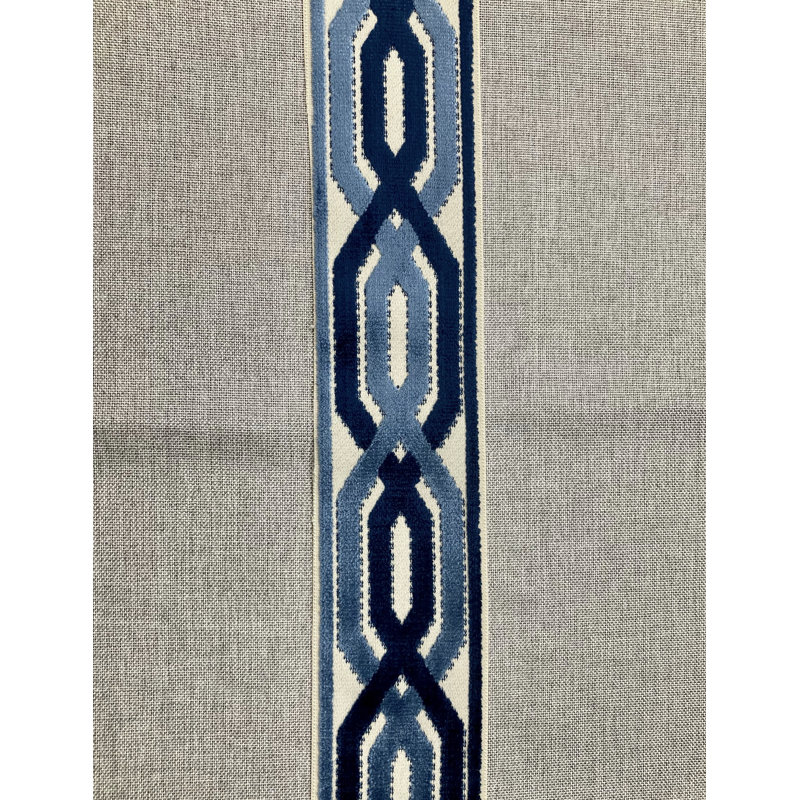 Velvet Woven Embroidery Curtain Fabric Tape 3.5" Width Trim, Blue/Cream/Navy