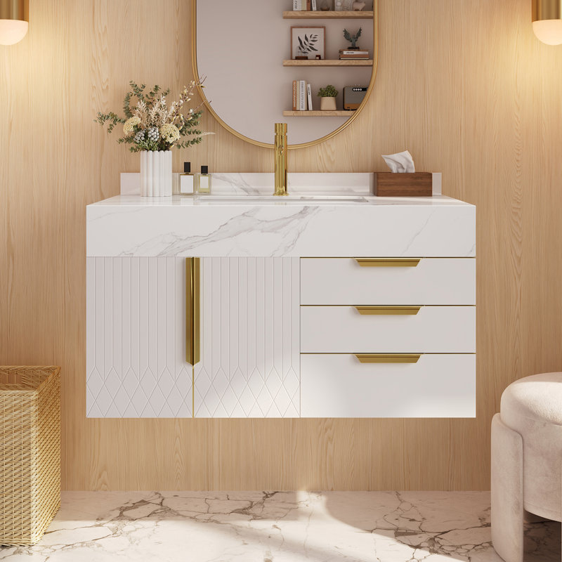 Aro Series Bathroom Vanity Set 35.4" Floating Stone Bathroom Vanity With Sink, White
