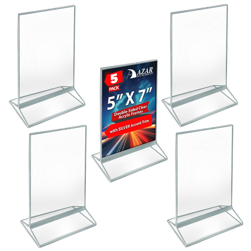 Cadres en acrylique transparent double face avec garniture décorative argentée de 5 po de largeur x 7 po de hauteur, paquet de 5