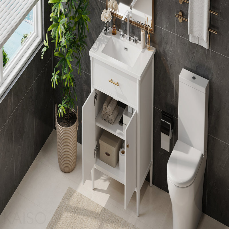 Meuble-lavabo 30 po avec lavabo, armoire de salle de bain avec portes à fermeture en douceur et tablette réglable, conception à profil courbé, pieds en bois d'hévéa, blanc