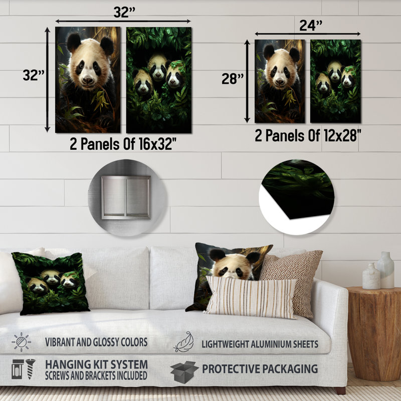 Pandas Play III - Ensemble de 2 reproductions d'art mural en métal Panda, H 32 po x l 32 po