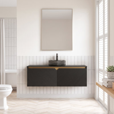 Meuble-lavabo mural simple noir l 48 po x P 18 po x H 34 po avec comptoir en pierre frittée noire et vasque ronde en verre noir transparent