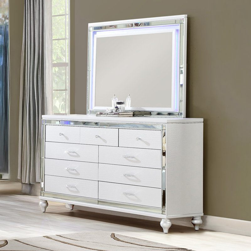 Denard Upholstered Standard 4 Piece Bedroom Set, White, Full/Double, 4 Pcs: Bed, Nightstand, Dresser, Mirror
