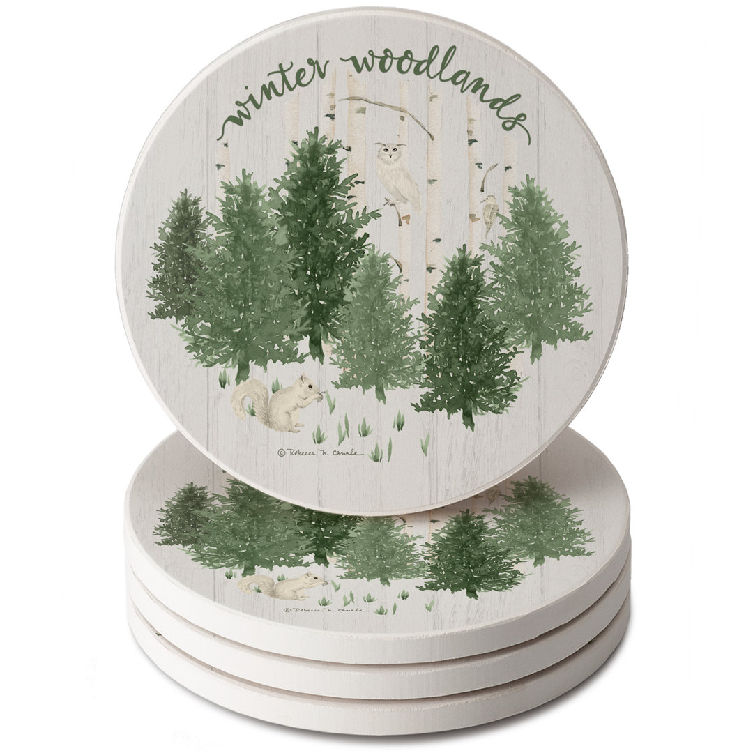 Winter Woodlands 4-Pack Round Absorbent Stone Coasters CounterArt