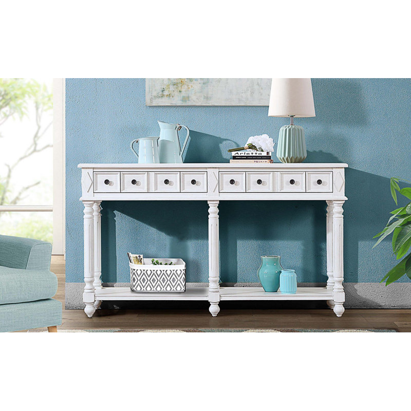 Console 58 po avec 2 tiroirs et une tablette inférieure, Blanc antique
