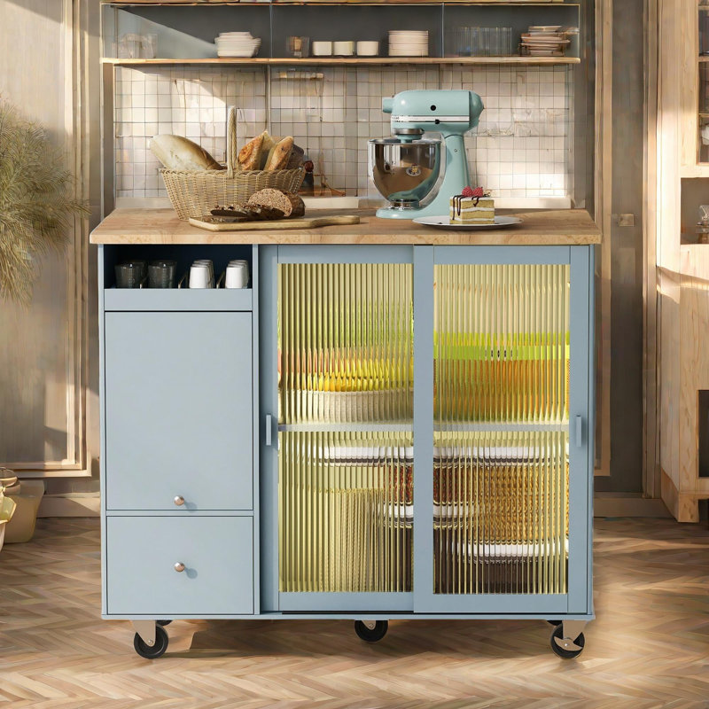 Kitchen Island with Drop Leaf, Gray Blue
