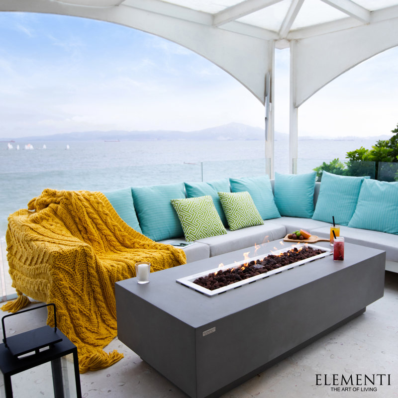 Granville Elementi 60" Rectangular Outdoor Concrete Fire Pit Table with Lava Rocks and Cover, Propane