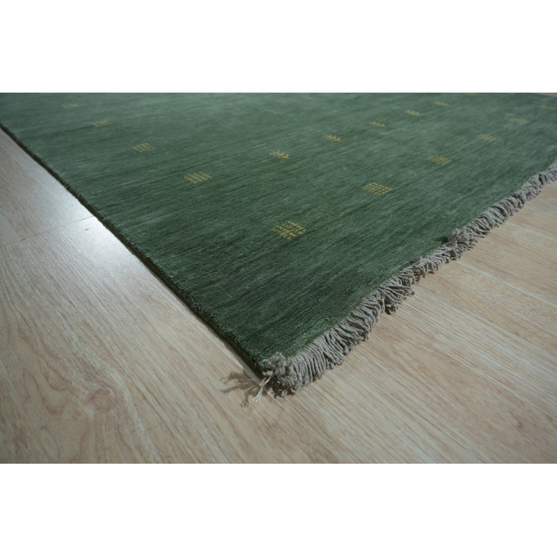 Green Hand-Knotted Wool Sparse Evergreen Motif Geometric Modern Contemporary Carpet Rug, Rectangle 6' x 9'