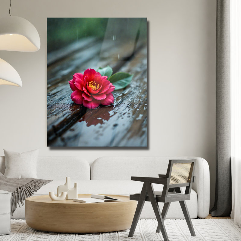 Art mural en verre trempé rouge camélia, 20" H x 16" W