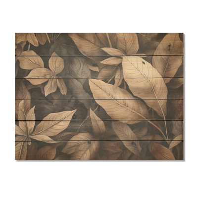 Brown Foliage Harmony - Leaves Wood Wall Art On Natural Pine Wood
