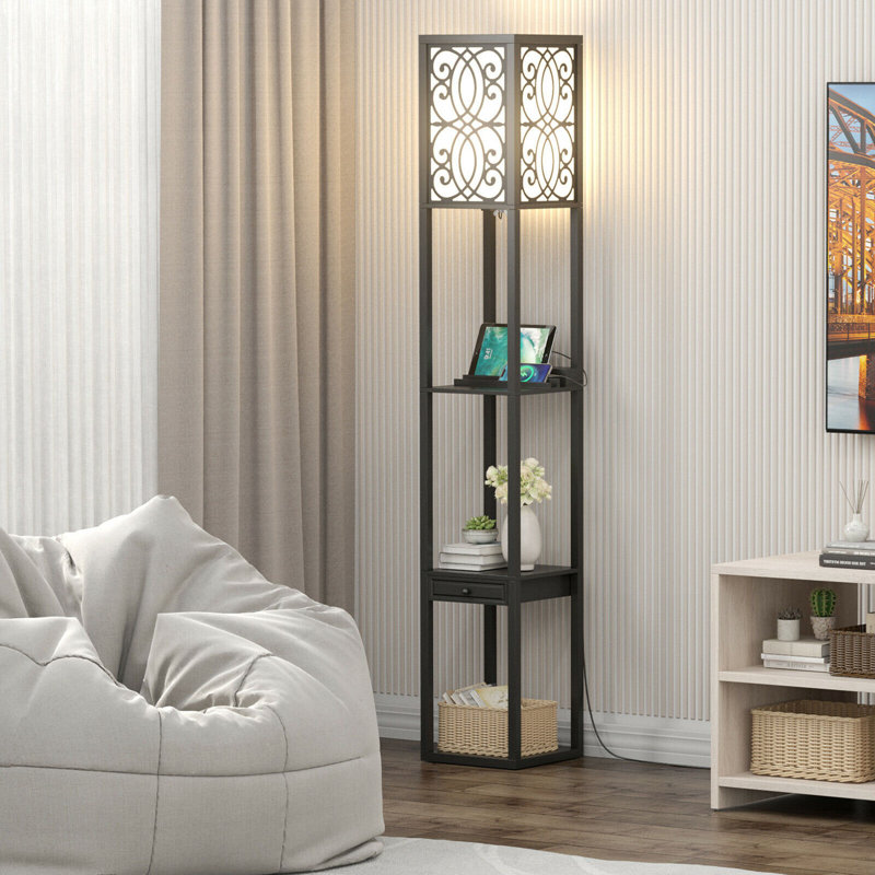 Lampe sur pied à colonne noire 63 "avec prise USB et prise Bettymae