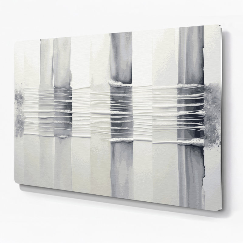 Art mural horizontal rayé gris clair, blanc, gris et métal, H 11 po x l 14 po