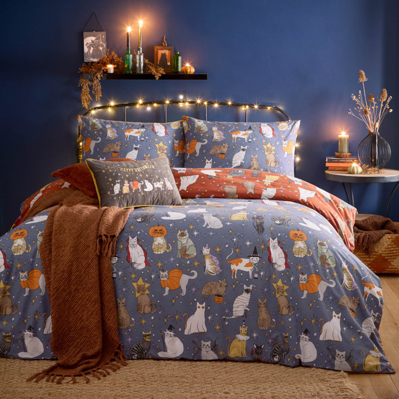 Halloween Pawty Cotton Blend Animal Print Duvet Cover Set with Pillowcases, Single Duvet Cover Set + 1 Standard Pillowcase